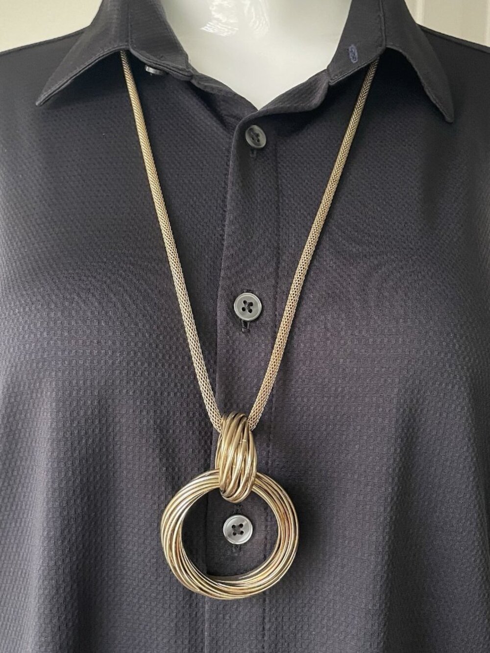 Vintage Gold Tone Metal Tons Of Rings Mesh Chain Necklace Statement 32-34”